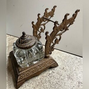 Vintage Glass Inkwell with Ornate Metal Stand